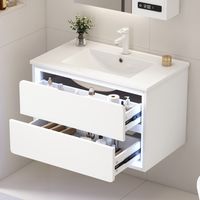 Mueble de baño suspendido - 76 x 46 x 48,5 cm - LED con sensor de radar - 2 cajones silenciosos - Lavabo de cerámica - Blanco lacado