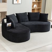Canapé de pana negro 250x152x82 cm con portavasos, bolsillos laterales y cojín