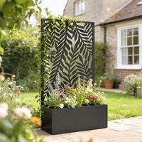 Fioriera con schermo per la privacy, con traliccio e motivi di foglie tropicali, 61 x 23 x 113 cm, nera