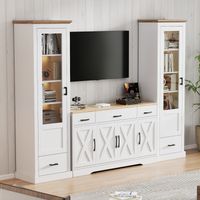 Set Mobile Soggiorno, Set Combinato Credenza Bianca Opaca e 2 Vetrine con LED, in Legno MDF, Moderno, con Luci Decorative