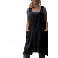 Tablier en lin et coton Tablier à dos croiséNoir,Lpour les femmes avec des poches Robe chasuble pour la cuisson au four