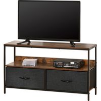 Meuble TV avec étagère et 2 tiroirs en tissu pliables, pour écrans jusqu'à 47 pouces, 98 cm, marron rustique et noir