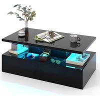COSTWAY Mesa de Café LED, Mesa Moderna de Café de 2 Niveles Brillante con Colores de Luz Ajustables en Velocidad, Control Remoto, Mesa de Café Rectangular Contemporánea para Sala de Estar, Negro