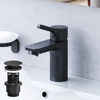 AM.PM Badarmatur mit Pop-Up Ablaufventil für Waschbecken Wasserhahn Bad Schwarz Waschtischarmatur mit Ablaufgarnitur 1 1/4 Zoll Messing Ventil Ablauf
