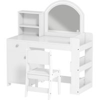 Tocador infantil niña con taburete, espejo LED, 1 cajón, armario, 5 estantes blanco
