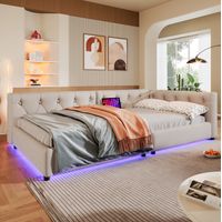 Sofá cama 90/200 cm beige de lino y MDF con LED, USB y Type-C