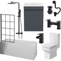 Aquari Complete Bathroom Suite Black Bath Shower Screen Basin Vanity Toilet Taps 1700mm