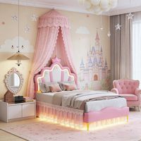 FOERPL-Kinderbeleuchtung 90x200 cm, Stickereibeleuchtung 90x200 mit LED, Prinzessinnenbeleuchtung in Couronne-Form mit Sommier und Gitter und verstellbarem Lit-Cadre de Capitonné