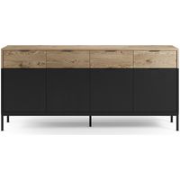 Buffet, meuble de rangement avec 4 portes et 4 tiroirs aspect bois coloris chêne et pieds en métal noir - Longueur 180 x Profondeur 40 x Hauteur 80 cm