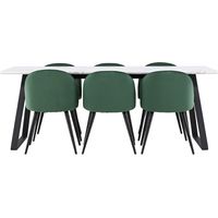 Malaga ensemble pour salle à manger table de salle à manger 90x200cm blanc et 6 Skagen chaise velours vert.