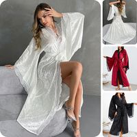 Peignoir de bain kimono en satin et soie pour femme Robe de chambre longue en velours et dentelle, à volants, avec ceinture et manches évasées, tenue d'intérieur sexy multicolore