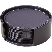 black 6 Pieces Round Leather Coasters, Pu Leather Coasters For Parties Coffee Bar Pub Cup Mat Coasters Coasters With Holder Black-round