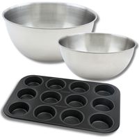 Lot comprenant 1 Moule à Muffins 12 empreintes, 1 spatule Zenker et 2 bols à mixer en inox Fackelmann