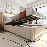 Bett mit Stauraum Polsterbett Leinenstoff Beige 90x200 cm mit LED, USB-Steckdose und Lattenrost