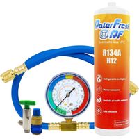 Gas Refrigerante Ralerfresh RF para aire acondicionado, sustituto del gas R12 y R134A mas manometro con manguera y conector
