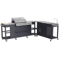 Happy Garden – Cuisine d'angle d'extérieur 4+1 brûleurs en inox – Surface de cuisson 66x46,5cm – Puissance 17,2kW – Évier et accessoires inclus