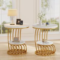 Tribesigns Table d'appoint en marbre Artificiel à 2 étages, Table d'appoint avec étagère de Rangement, Table de Chevet Moderne en Or Blanc avec Cadre en Forme d'arc en métal pour Salon (2PC)
