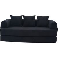 Sofá cama, sofá de 3 plazas, bolsillo lateral y 3 cojines, de terciopelo acanalado (pana) con estructura de metal, negro