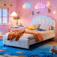 Lit Enfant Fille 90x200 avec Éclairage LED, Lit Simple Rembourré avec Tiroir de Rangement, Tête de Lits Réglable en Hauteur en Forme de Couronne, Sommier à Lattes en Métal et Bois, Lits 1 Personne pou