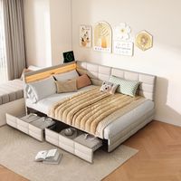 Lit Double 140x190 cm en Lin Beige, 2 Places, Canapé Lit avec Tête de Lit Intelligente, Éclairage LED et Port USB, 2 Tiroirs de Rangement