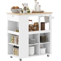Carrello isola da cucina con ripiani regolabili, portacoltelli, piano legno 86,5x47x88 cm bianco