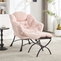 Fauteuil à Oreilles avec Repose-pieds, Fauteuil de Détente avec Pouf, Fauteuil relax avec accoudoirs et poche latérale — Fauteuil de lecture pour salon, Rose