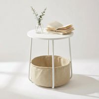 FurnitureR End Table with Storage, Round Side Table for Living Room with Fabric Basket, Modern Style, White Metal Frame, D4545H50.5cm