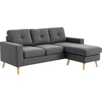 Canapé d’Angle Scandinave, Coutures Boutonnées, Bois Massif, Aspect Lin, Gris