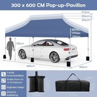 Tente Pop-Up Canopy 300x600 cm, Bleu, Hauteur Réglable