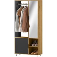 Armoire penderie avec porte miroir 2 compartiments ouverts 80x30x170 cm naturel noir