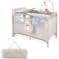 Costway – Lit parapluie bébé 5 en 1 avec matelas et table à langer amovible – Hauteur réglable – Boîte à musique et jouets suspendus – Transport facile