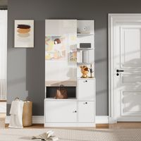 Armoire d’Entrée avec Miroir 85×40×180 cm – Meuble à Chaussures 2 Portes, 5 Étagères Ouvertes et Placards Rabattables, Blanc