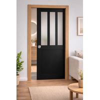 Puerta corredera de taller negra con vidrio esmerilado H204 x L73 cm, empotrada, kit de acabado para GD MENUISERIES