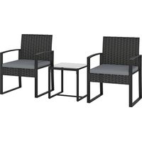 Salón Jardín Ratán Sintético 2 Sillas Cojines Extraíbles Mesa Vidrio Gris
