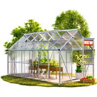 Gardebruk – Serre de jardin polycarbonate 3,6m² – Aluminium anodisé – 380x190x195cm – 1 à 4 lucarnes – Gouttière avec orifice d'évacuation