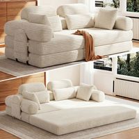 Canapé-Lit 200 cm de Large, Appuie-tête et Soutien Lombaire Intégrés Amovibles, 2 Coussins Décoratifs, Poche Latérale, Beige