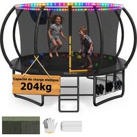 Trampoline extérieur ø 427 cm avec éclairage LED, capacité de charge 204kg, trampoline de jardin robuste pour enfants et adultes, avec panier de basket, sac de rangement, couverture de protection, éch