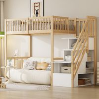 Letto a Soppalco 90×200 cm, Letto Singolo con Scala Contenitore, Scrivania e 15 Doghe, senza Materasso, Legno Naturale
