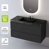 Meuble de salle de bain plan vasque Grès Cérame Noir Allure, 2 Tiroirs,l80xh54xp45, Laqué Noir Mat, GLOW
