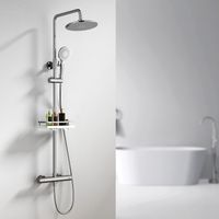 Sistema doccia con termostato e ripiano cromato, miscelatore completo con soffione rotondo, doccetta ABS 3 getti, sicurezza 38 °C, set doccia moderno per bagno