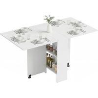 Mesa plegable alas abatibles 75x140x74 cm blanco con ruedas y estantes