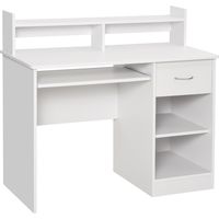 Scrivania per Computer Compatta, Scrivania PC Fisso in Legno Bianco con Ripiano Tastiera Estraibile e Mensole 104x48x95.5cm