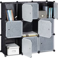 Relaxdays Étagère rangement 9 casiers portes plastique modulable DIY assemblage plug in bibliothèque 95x95x32 cm, noir