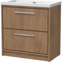Longnor 2 Drawer Floor Standing Vanity Unit with 1 Tap Hole Modern Fireclay Basin, Antique Oak, 800mm
