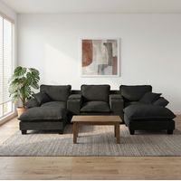 Canapé modulare a U in chenille nera 323x151x90 cm con USB, portabicchieri, contenitori e 2 pouf