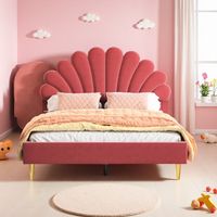 Cama doble 140x190 cm - cama Princess - tejido de terciopelo - cabecero floral - estilo escandinavo - somier de láminas - cama tapizada para adultos - Rosso Bean