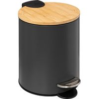 5Five Simply Smart – Poubelle de salle de bain 3L en métal gris avec couvercle en bambou – Mécanisme à pédale silencieux – Poignée pour transport facile