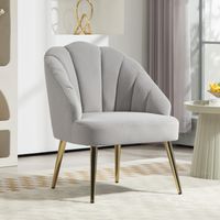 Fauteuil capitonné à dossier coquillage. Fauteuil en velours avec pieds dorés. Pour chambres et salons. Gris.