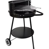 Barbecue rond au charbon de bois avec roulettes et hauteur réglable, en acier émaillé avec une grille en acier inoxydable.