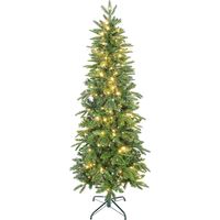 Sapin de Noël artificiel 180 cm, arbre de Noël slim avec 200 lumières 8 modes d'éclairage 605 branches articulées, vert